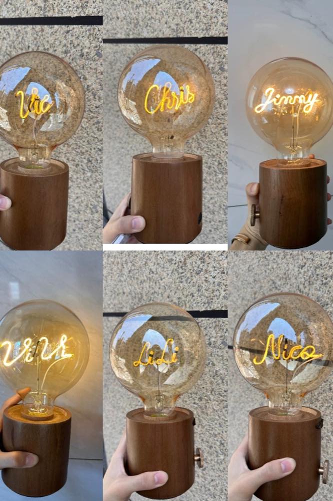 Custom name LED bulb lamp examples showing different personalized name and word designs