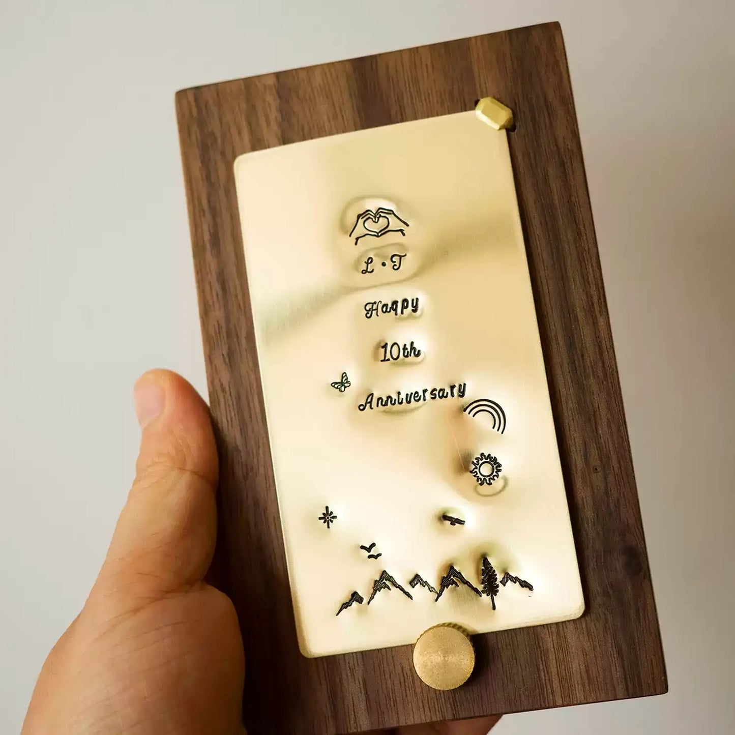 Personalized Hand-Engraved Brass Memory Card on Walnut Stand
