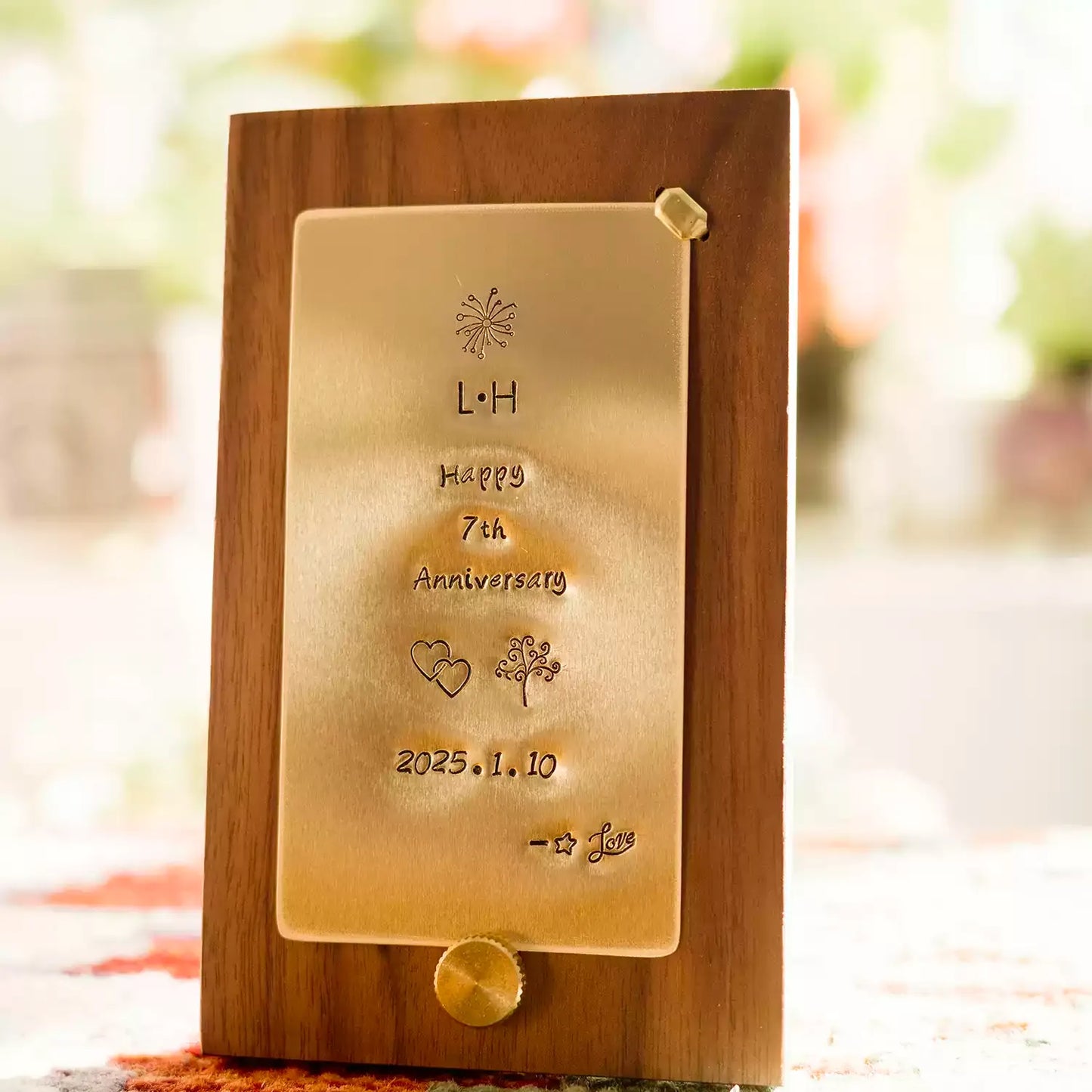 Personalized Hand-Engraved Brass Memory Card on Walnut Stand