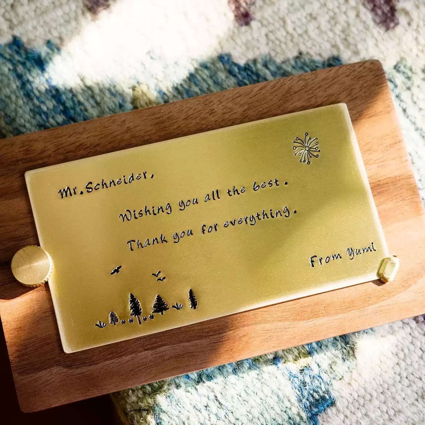 Personalized Hand-Engraved Brass Memory Card on Walnut Stand