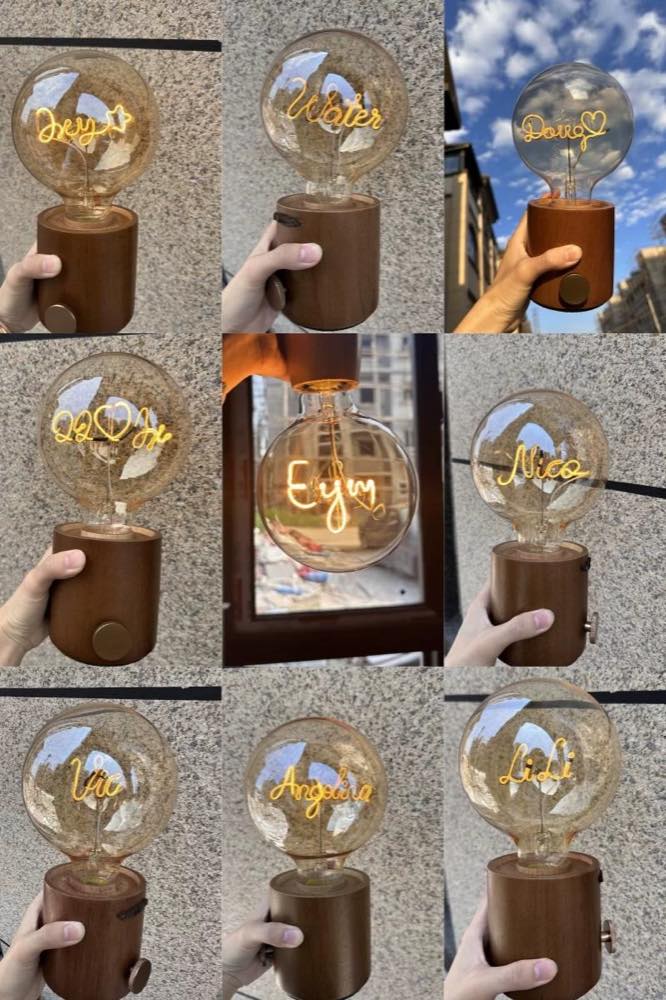 Nine personalized filament bulb lamps with custom names, handmade gift for couples and anniversaries